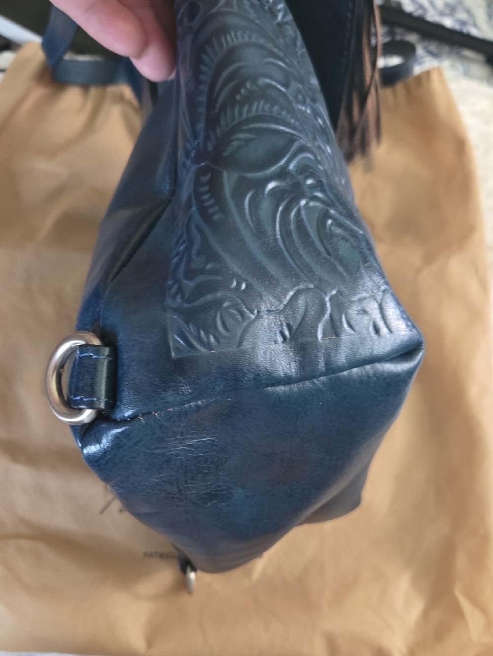 Patricia Nash Navy Embossed Leather Crossbody with Tan Tassel - Picture 11 of 14